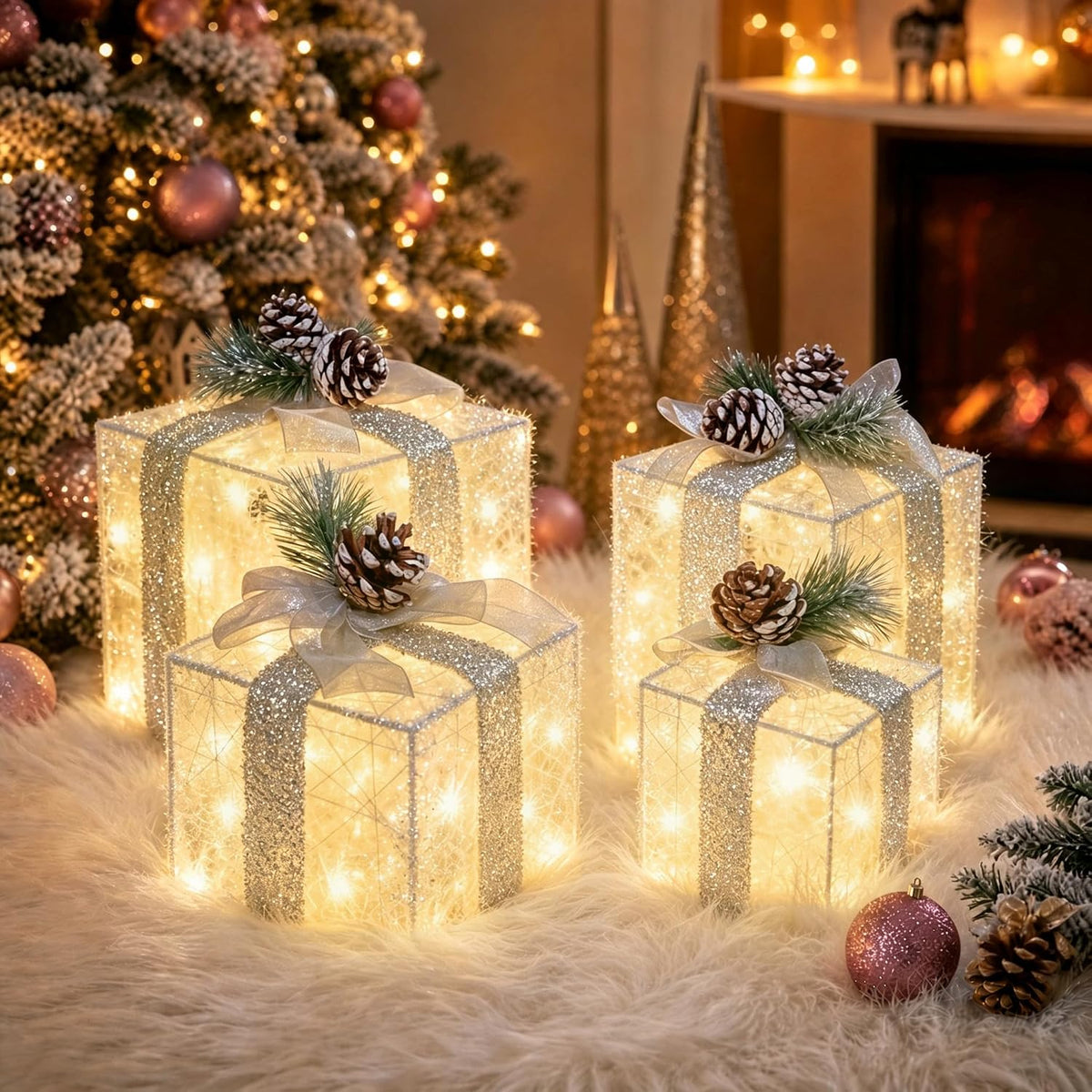 Juego de 4 cajas de regalo iluminadas de Navidad, decoración navide...