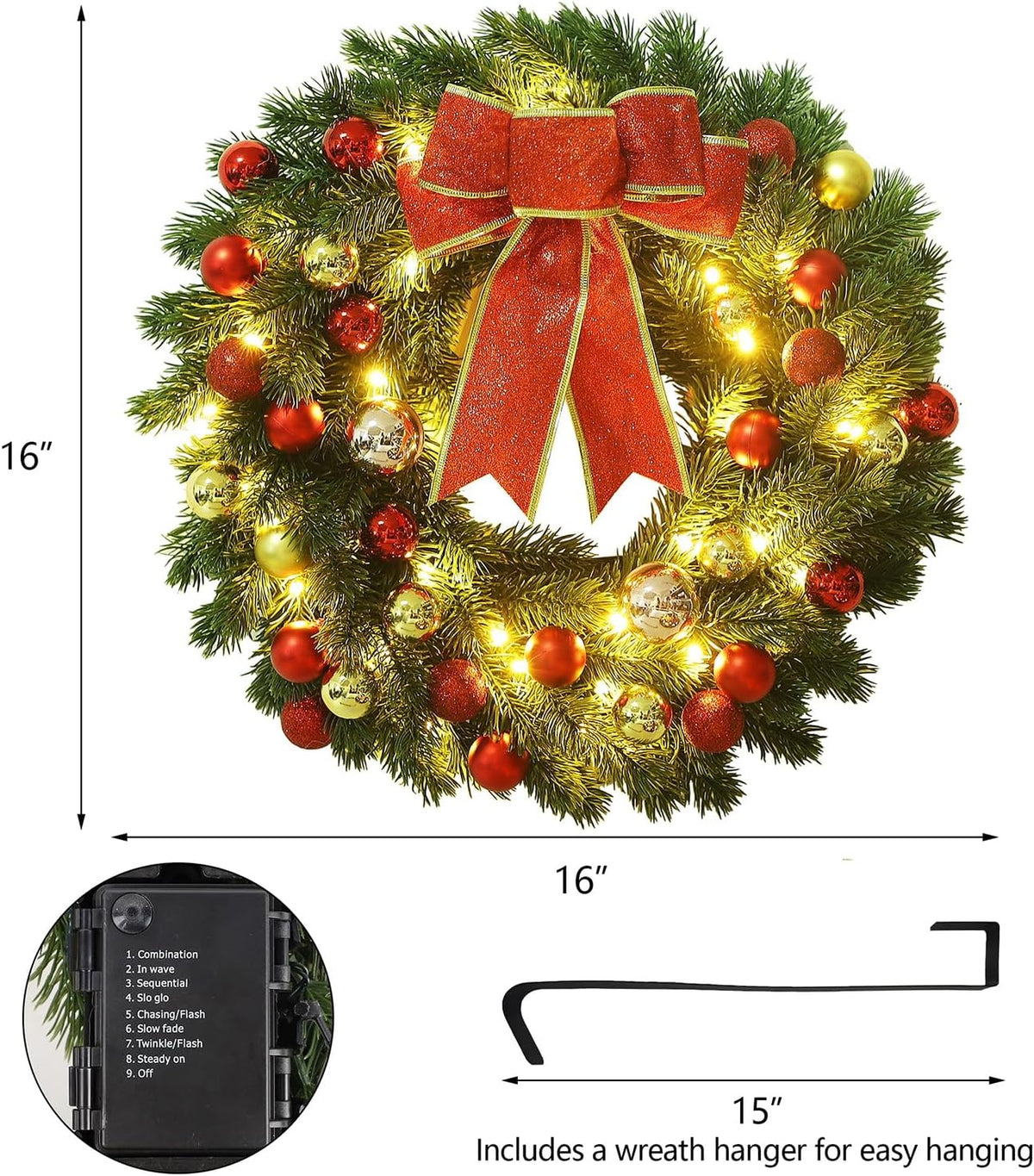 Juegoal - Corona de Navidad preiluminada de 16 pulgadas con colgado...