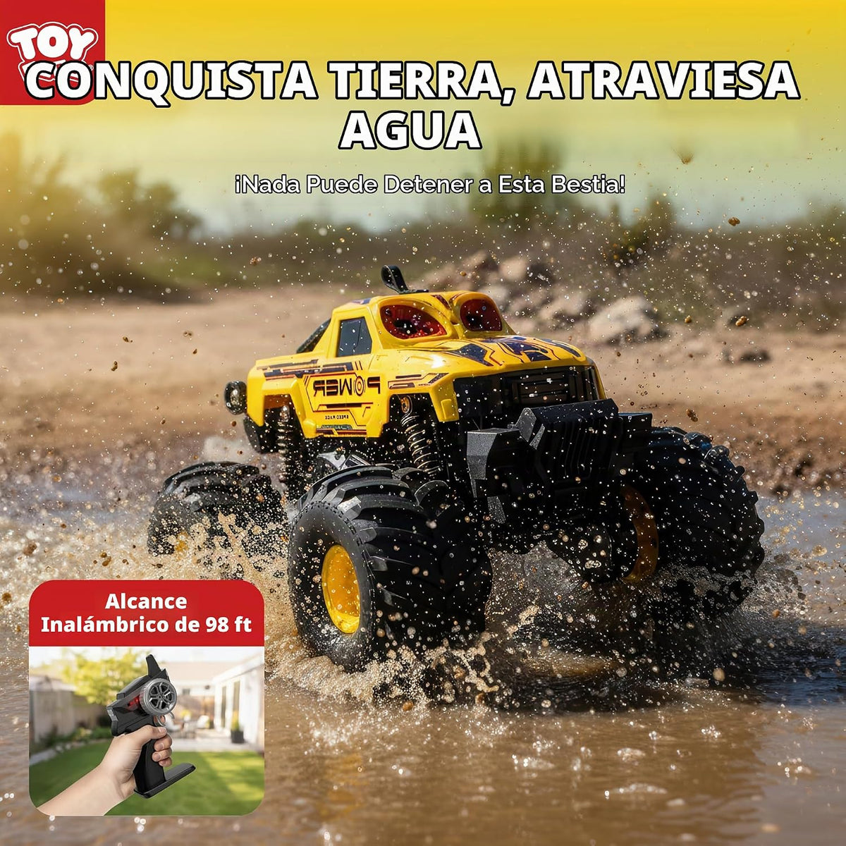 TOY Life Anfibio RC Monster Truck, spray de niebla y luces, amarill...
