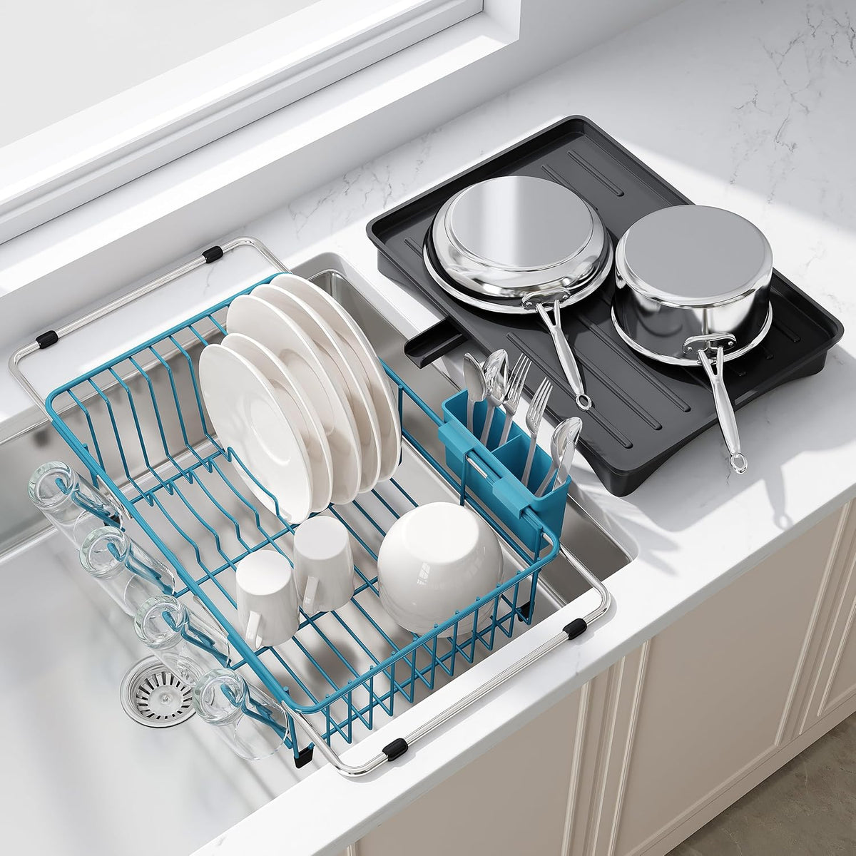 JASIWAY Escurridor de platos azul en fregadero con escurridor y sop...