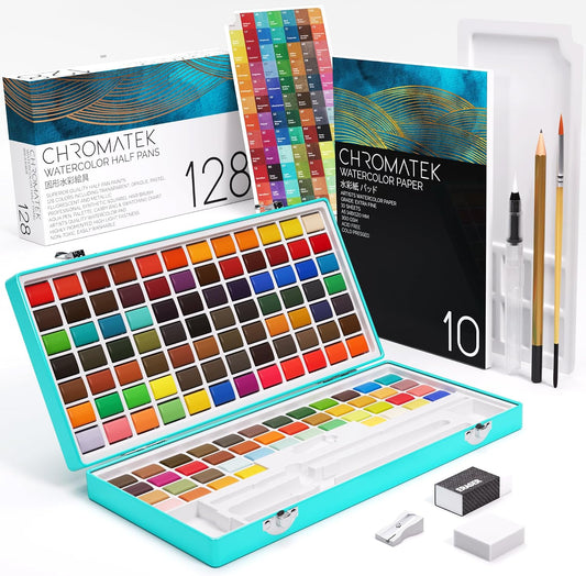 CHROMATEK Juego de pintura de acuarela \u2013 128 colores vibrantes...