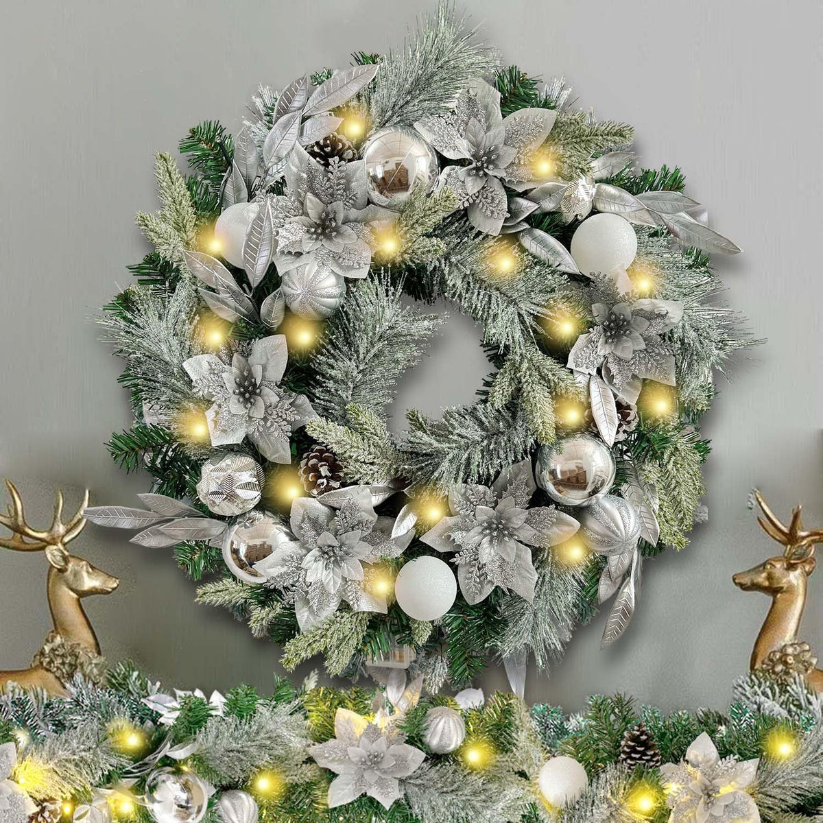 WANNA-CUL Corona de Navidad preiluminada de 24 pulgadas color blanc...
