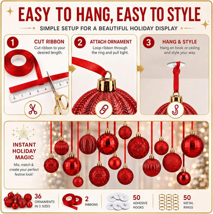 Relaxgiant - 36 bolas de Navidad para techo, color rojo | Tamaños s...