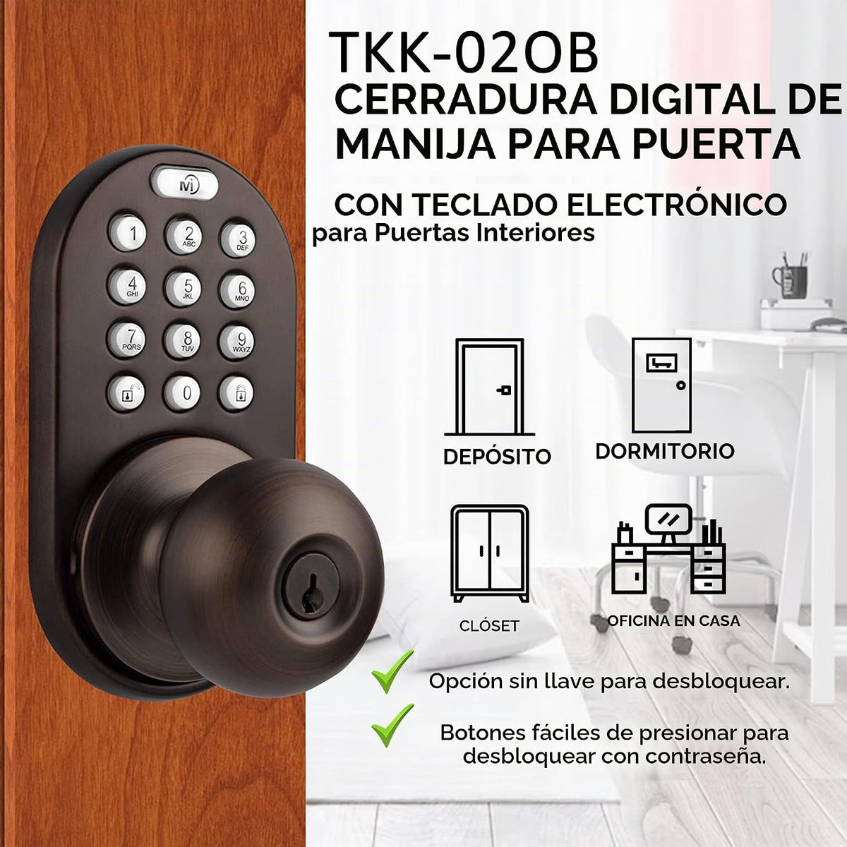 MiLocks TKK-02OB - Pomo de puerta digital con teclado, cerradura de...