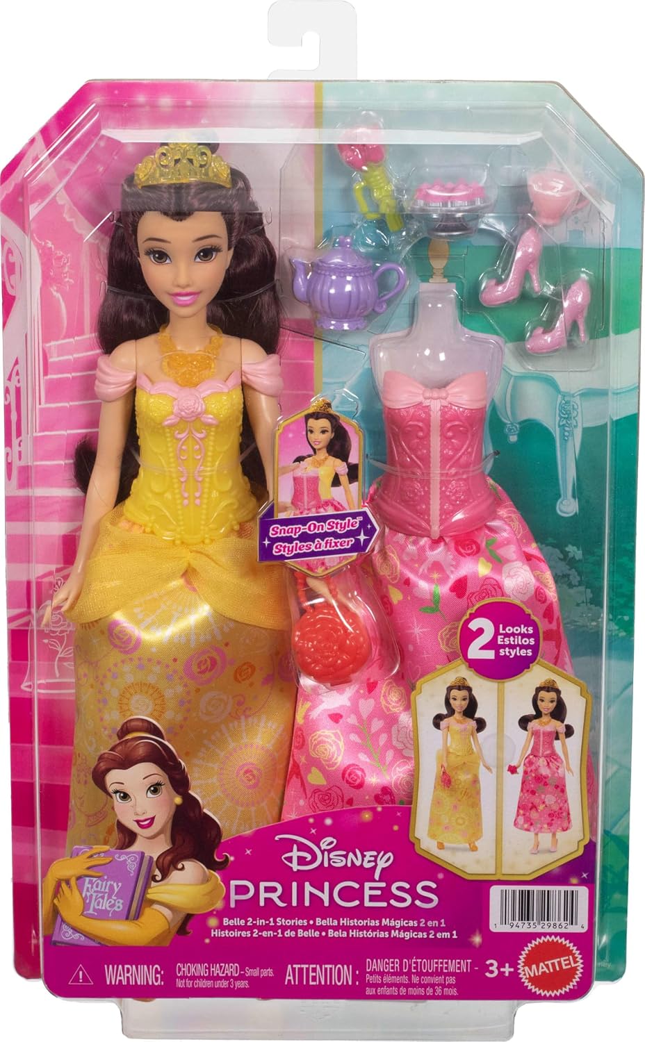 Mattel Disney Princess Toys, Belle Fashion Doll con 2 estilos, 9 ac...