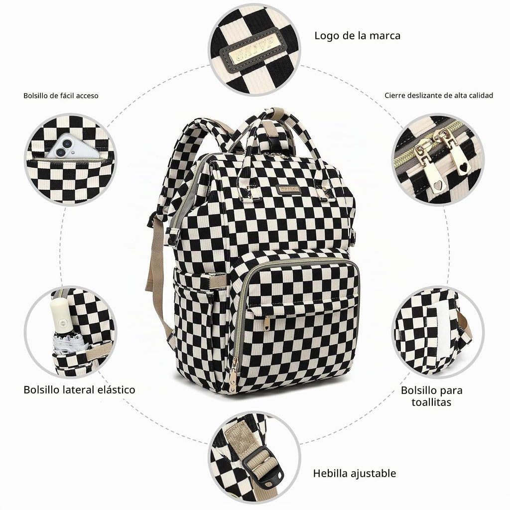 GAIVP mochila de pañales para bebe, negro, rojo (Checkered Black),...