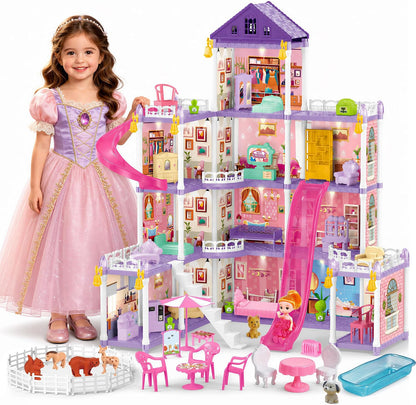 KLADNDER Casa de muñecas, juego de casa de muñecas de 4 pisos y 12...