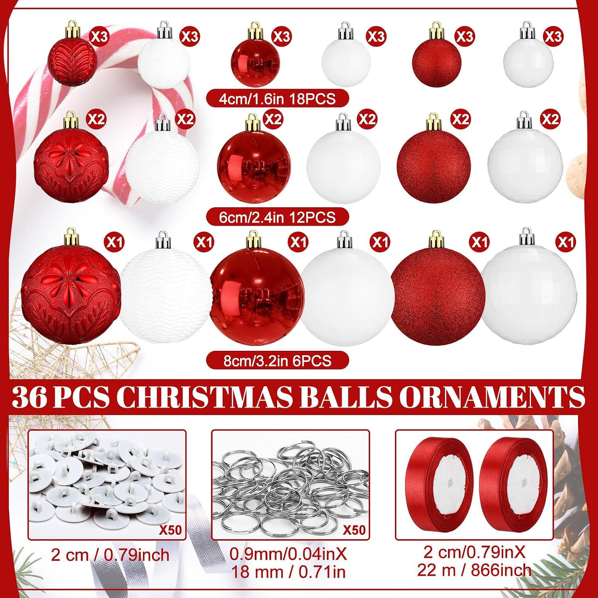 Relaxgiant - 36 bolas de Navidad para techo, color rojo, blanco | T...