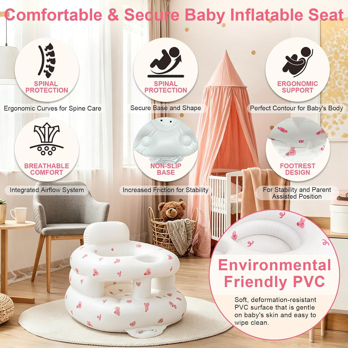 Asiento de bebé inflable con bomba incorporada y soporte de espalda...