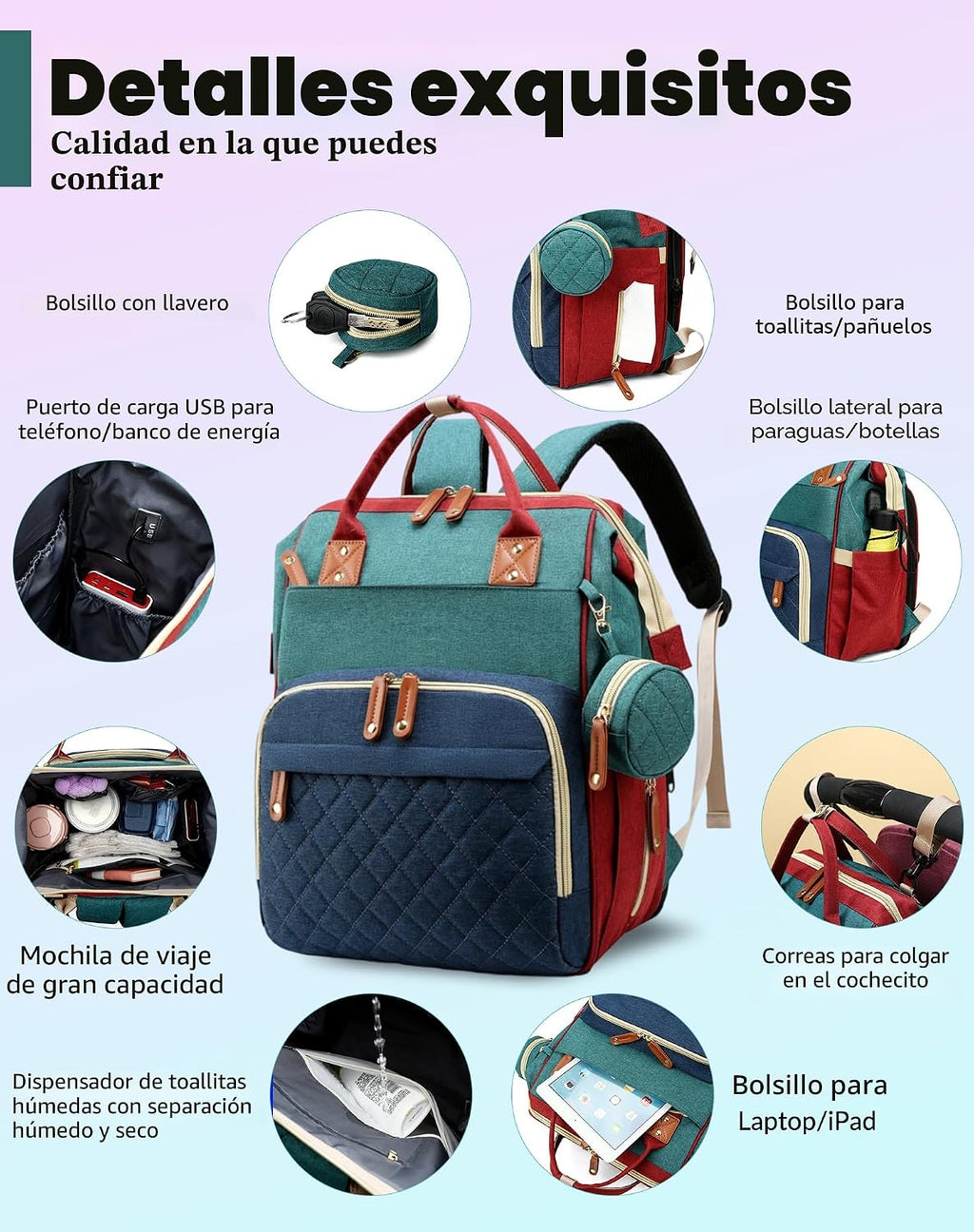 Bolsa de pañales con cambiador, mochila para bebé con cambiador ple...