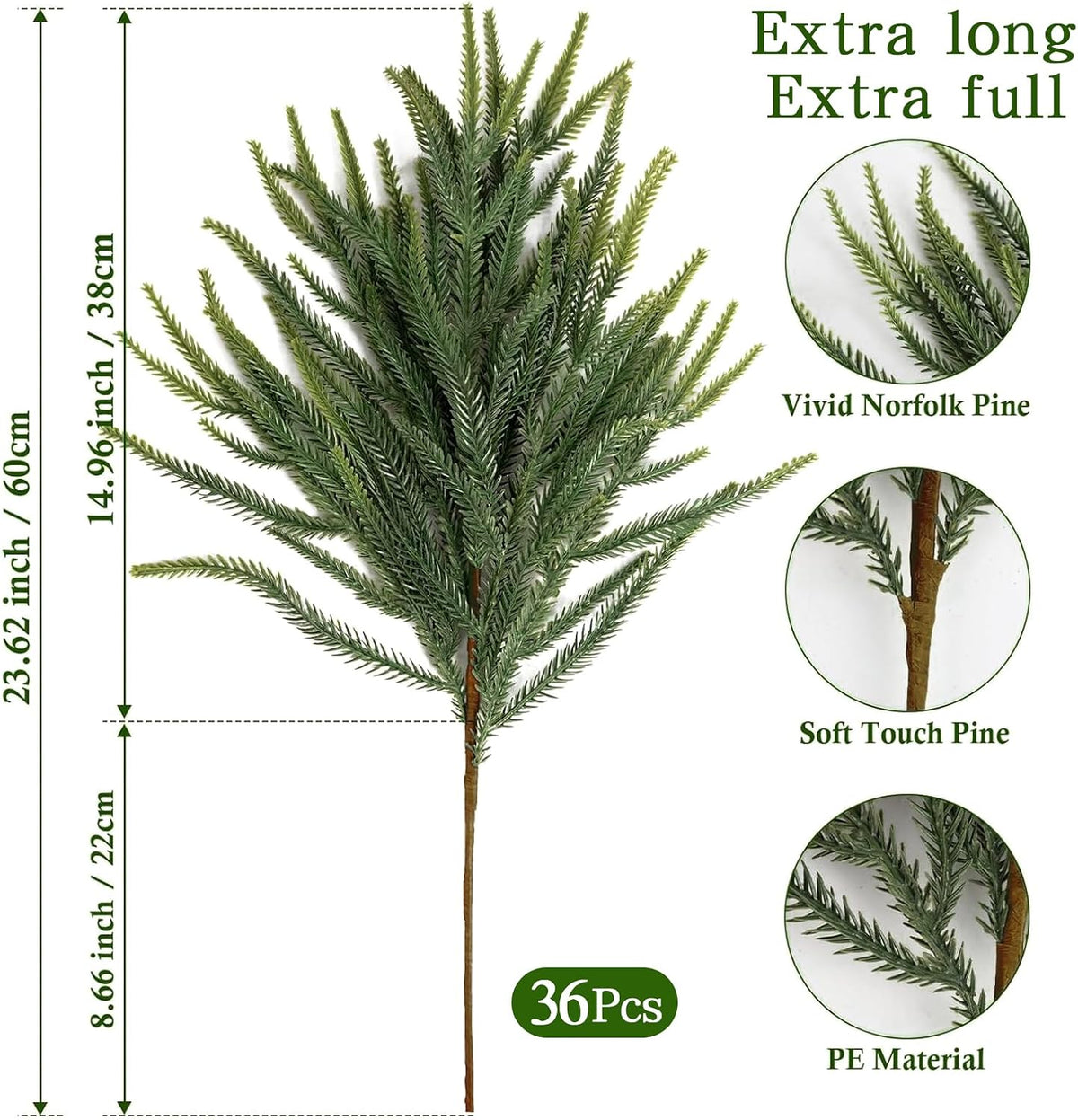 36 tallos de pino Norfolk de Navidad, ramas de tacto real, púas de...