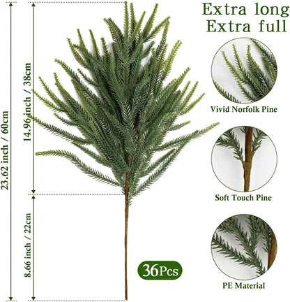 36 tallos de pino Norfolk de Navidad, ramas de tacto real, púas de...