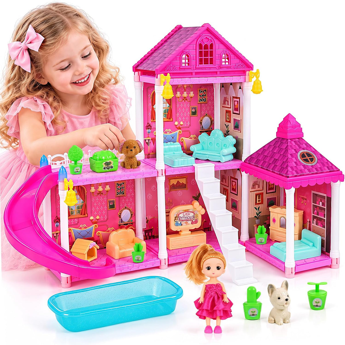 KLADNDER Casa de muñecas, juego de casa de muñecas de 2 pisos y 4 |...