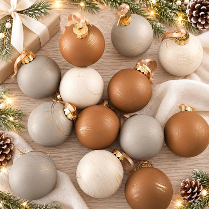 Yunlly - 12 adornos de Navidad neutros 2026, color beige marfil car...