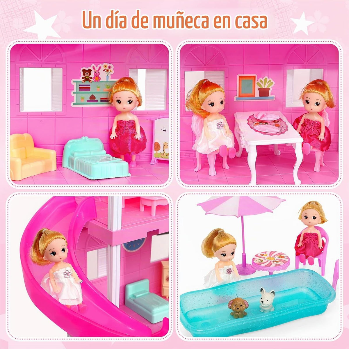 TUZT Casa de muñecas de 4 pisos con piscina y tobogán, figuras de j...