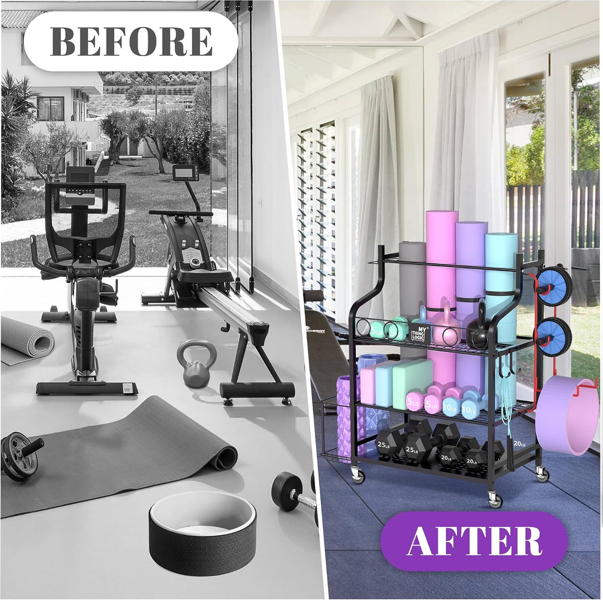 Mythinglogic Estante de gimnasio en casa para mancuernas, esterilla...