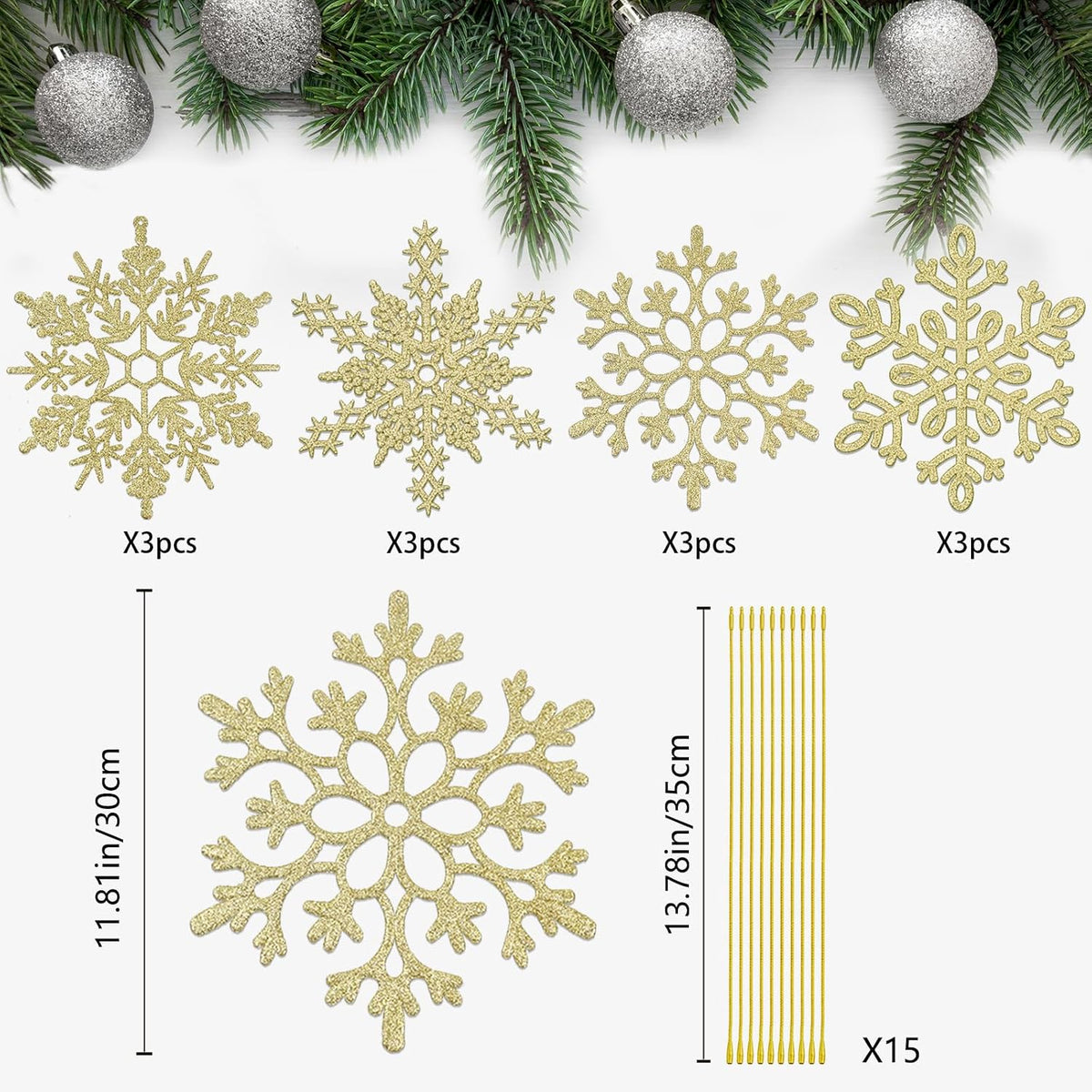 12 adornos grandes de copos de nieve de Navidad, adornos de copos d...