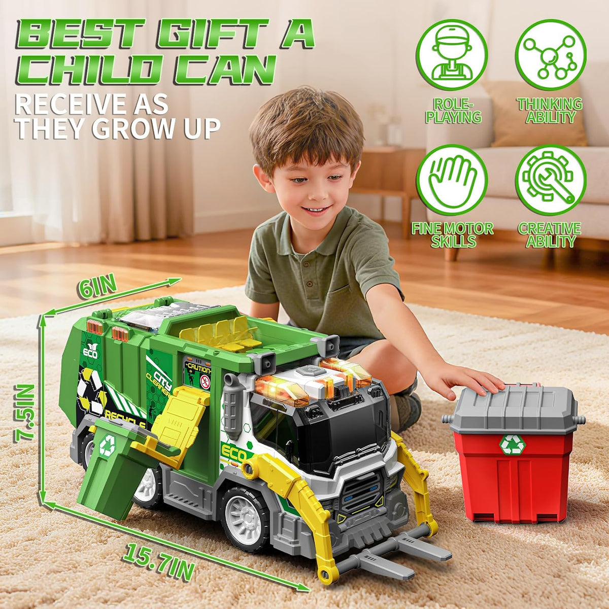 BLUEYAK - Camión de basura grande para niños, limpiador ECO City co...