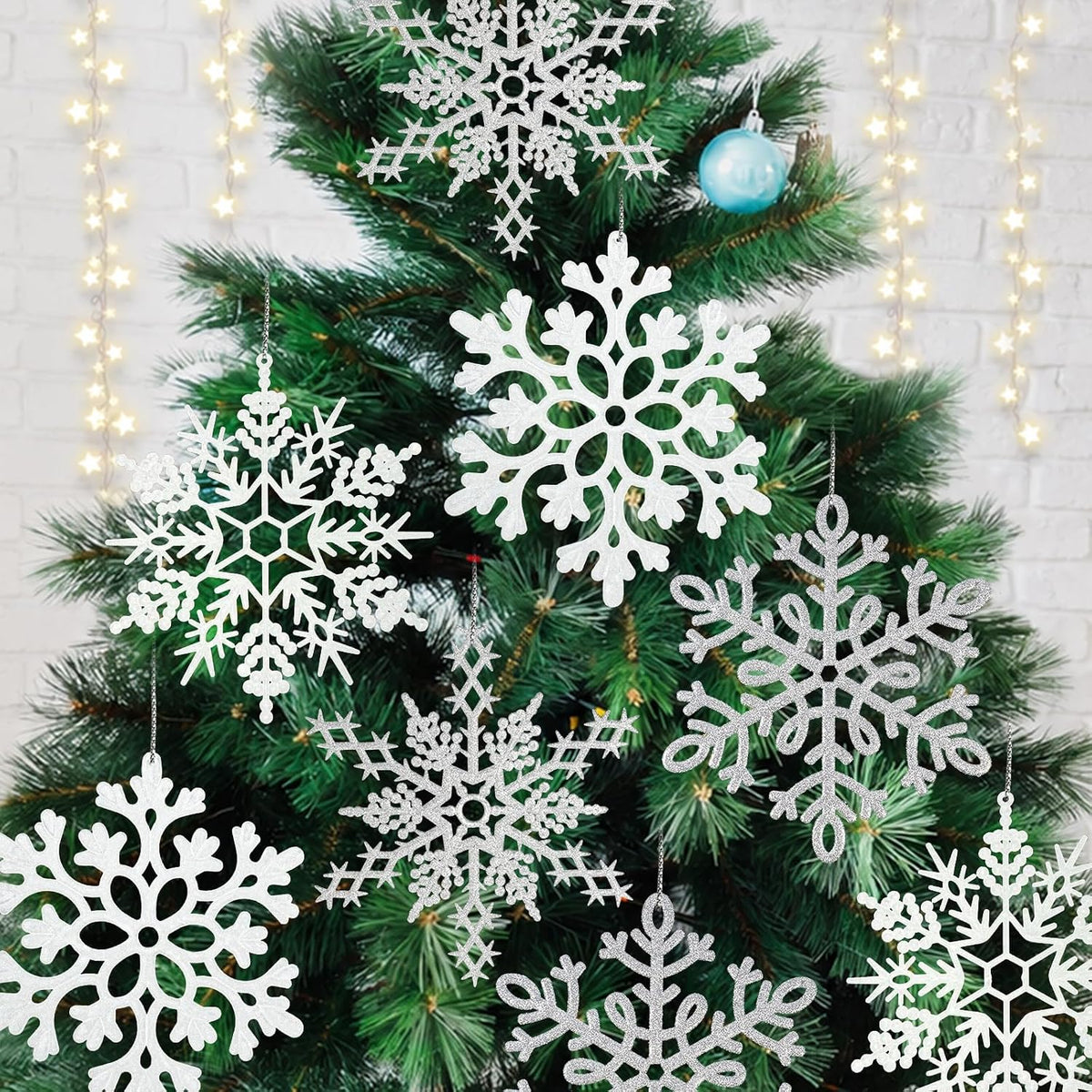 8 copos de nieve grandes de color blanco y plateado, copos de nieve...
