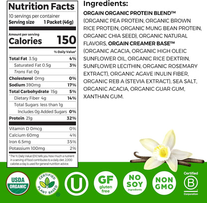 Orgain Proteína en polvo vegana orgánica de 0.74 oz, vainilla, 10 p...
