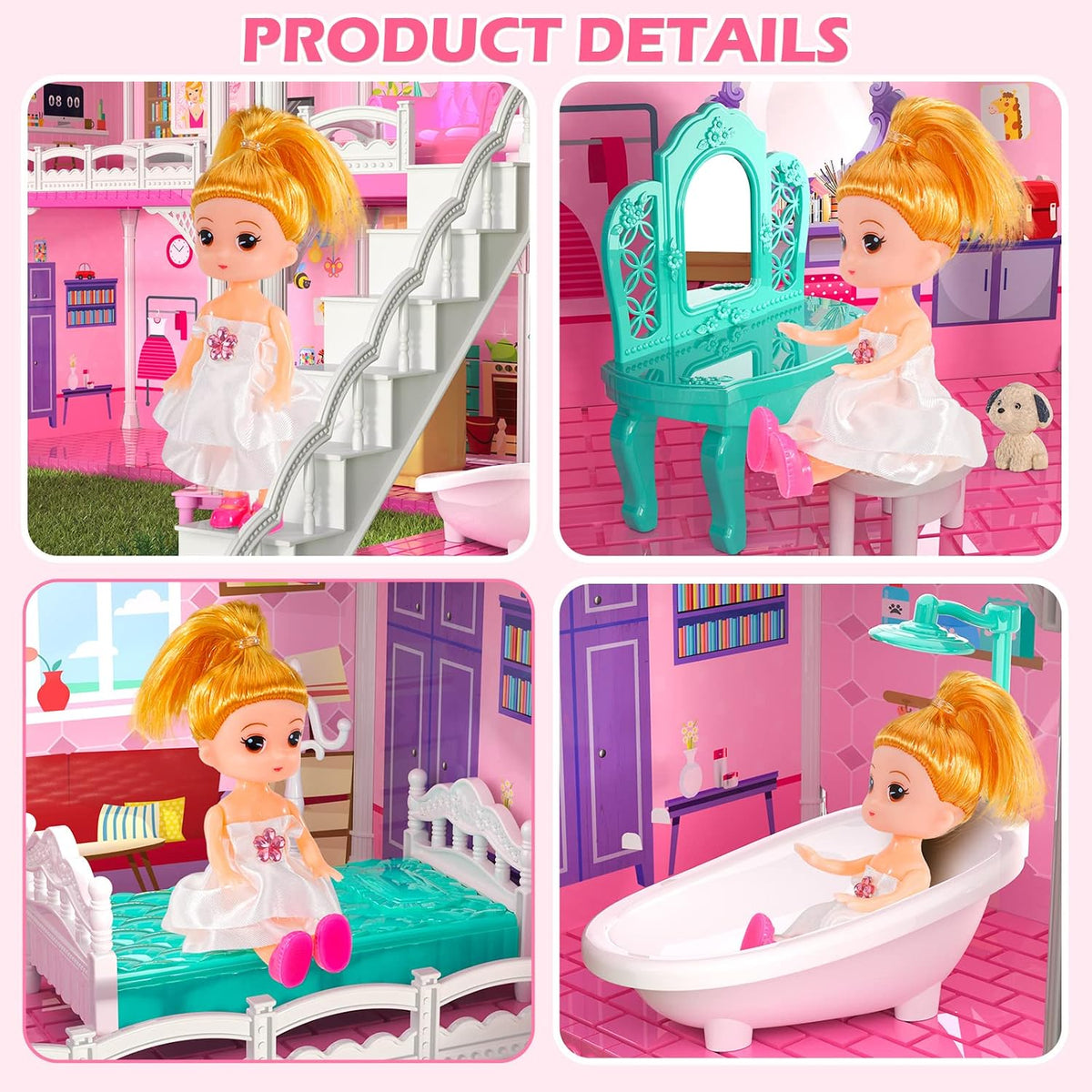 Doloowee Casa de muñecas de 4 pisos con tobogán y 2 muñecas, casa d...