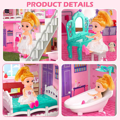 Doloowee Casa de muñecas de 4 pisos con tobogán y 2 muñecas, casa d...