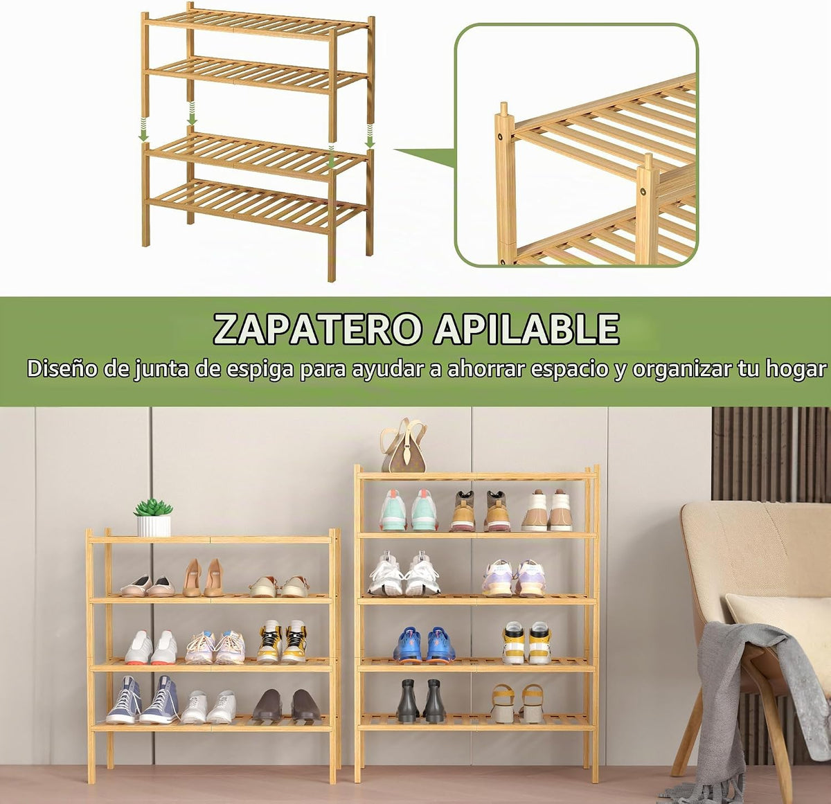 ROMGUAR CRAFT Zapatero de bambú de 4 niveles para armario, estante...