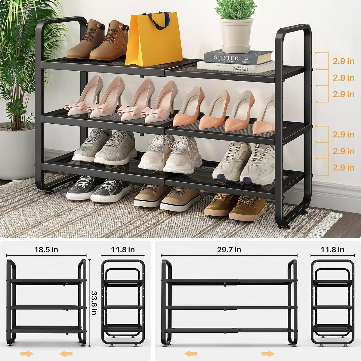 Zapatero de metal expandible para armario, entrada y garaje, 3 nive...