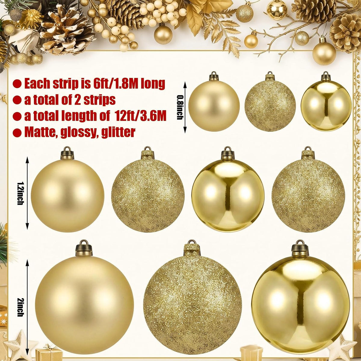 Yuxung 2 guirnaldas de adornos de bolas de Navidad de 6 pies, oro m...