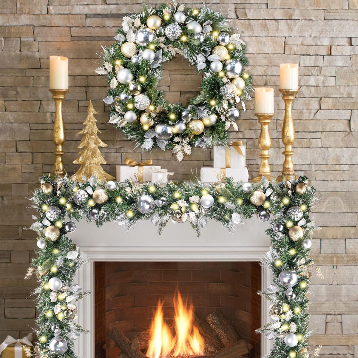 WANNA-CUL Guirnalda de Navidad preiluminada de 9 pies con luces | G...