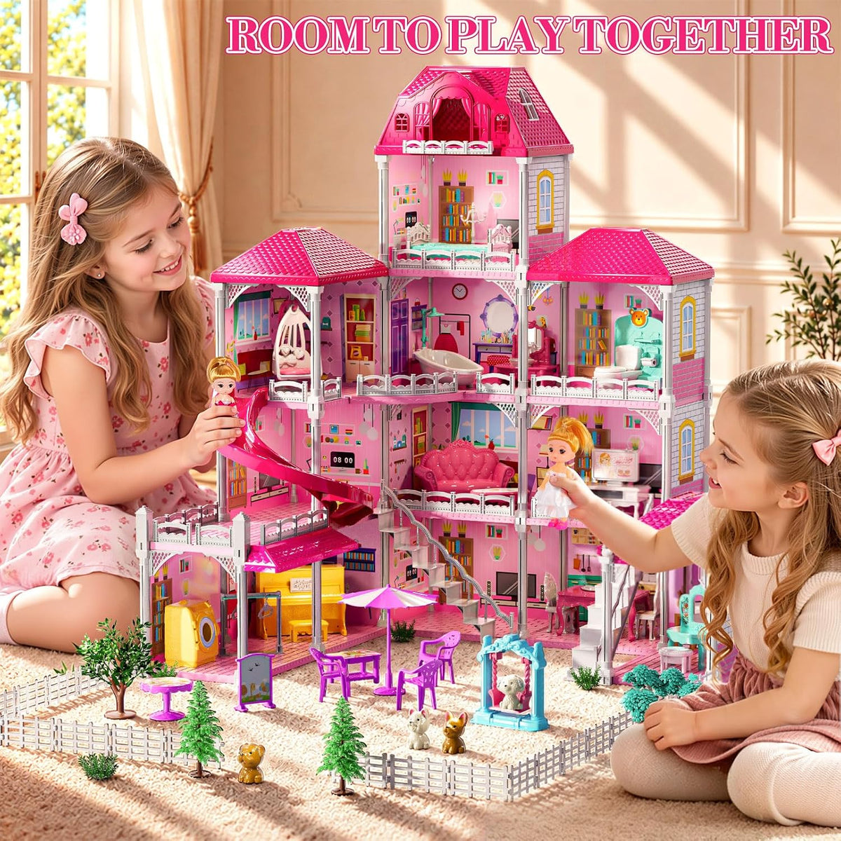 Casa rosa de 4 pisos para niñas de 3 años en adelante, juego de vil...