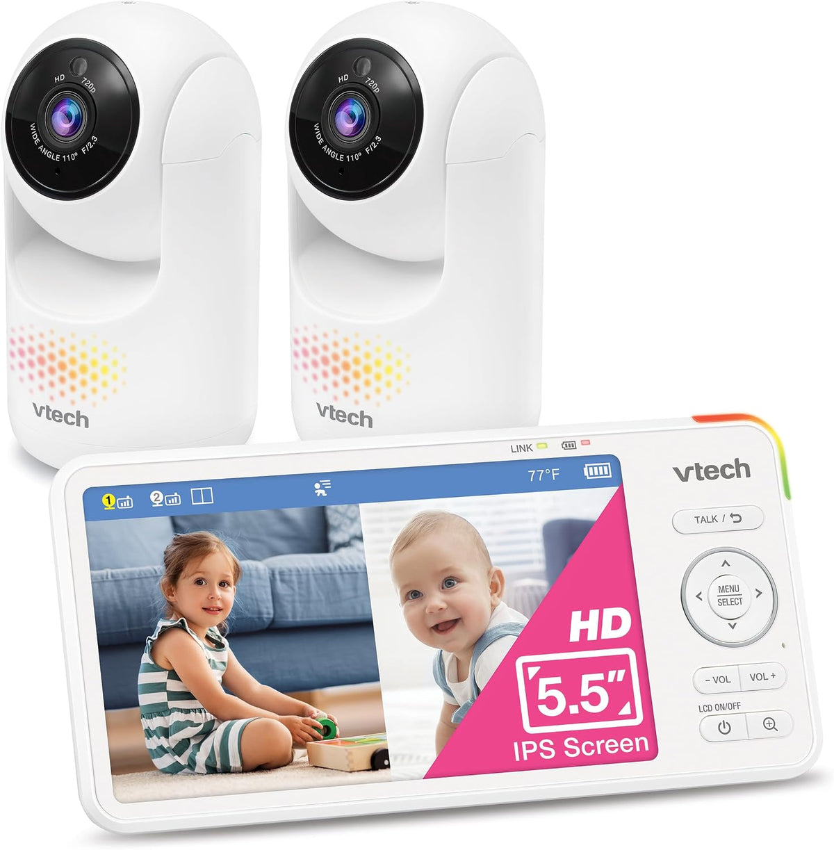 VTech Monitor de bebé con 2 cámaras sin WiFi y pantalla dividida IP...