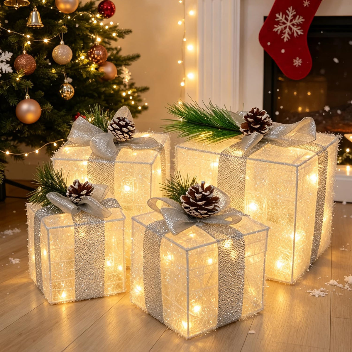 Hourleey Juego de 4 cajas de regalo iluminadas de Navidad, color bl...