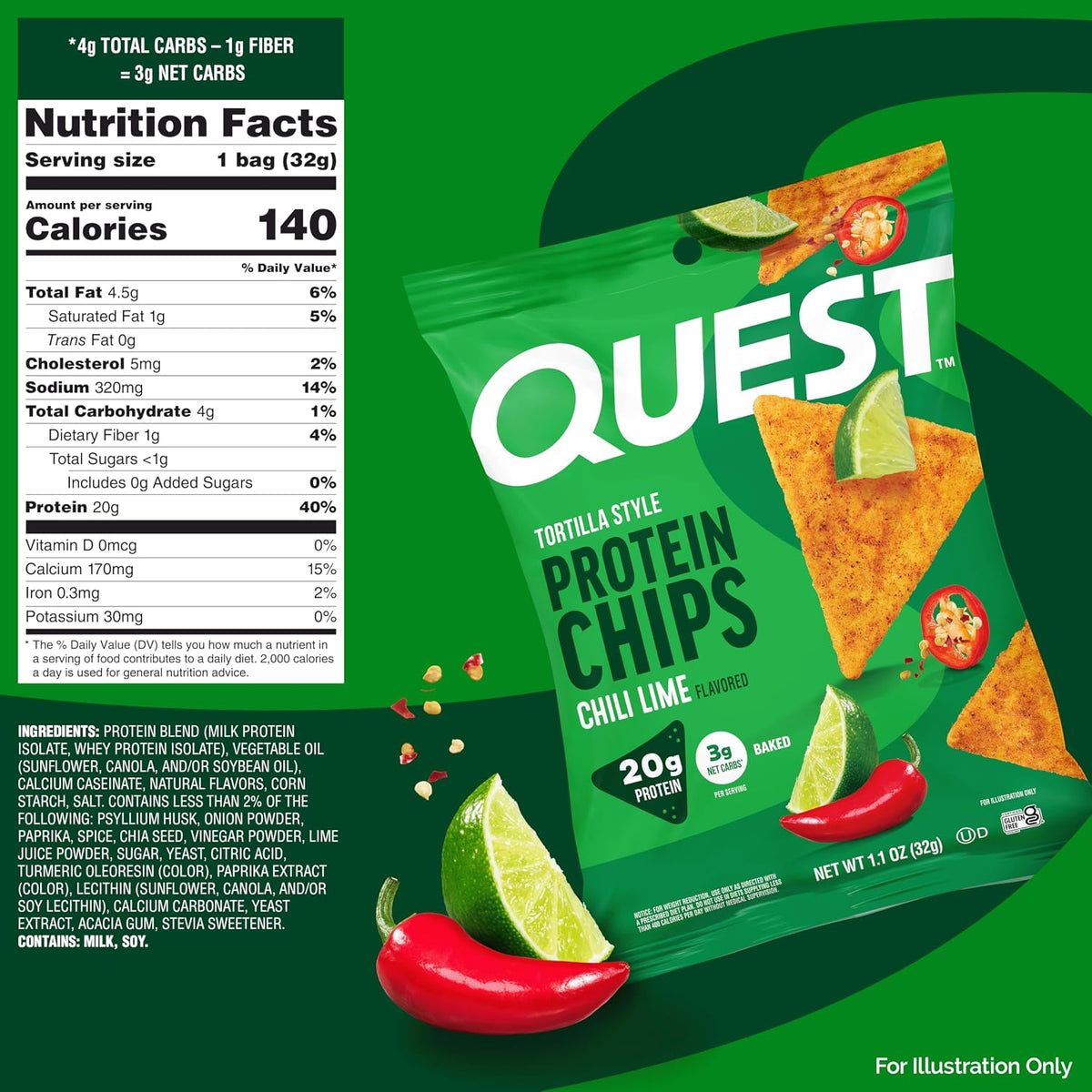 Quest Nutrition Chili Lime Tortilla Style Protein Chips, 4 unidades...