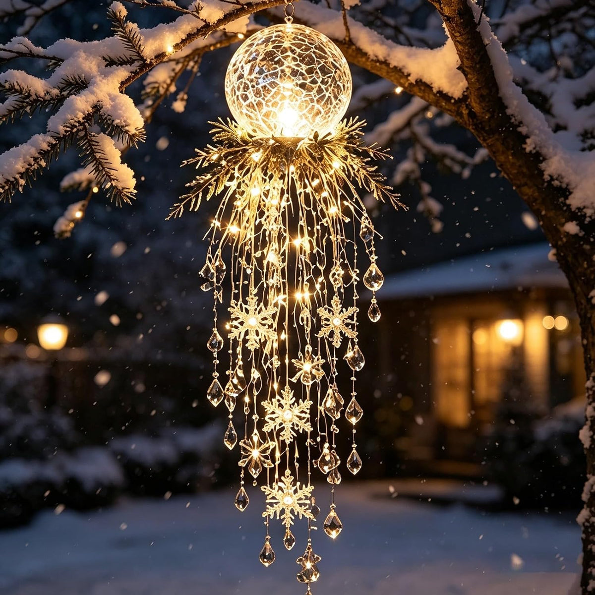 Luz de Navidad en cascada de cristal, copo de nieve colgante y deco...