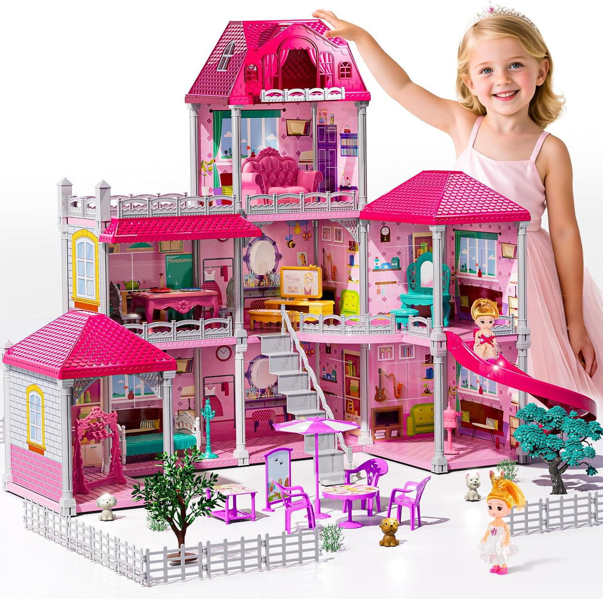 JUKUDAHU Juego de villa para niñas de 3 a 7 años, 3 pisos, 8 habita...