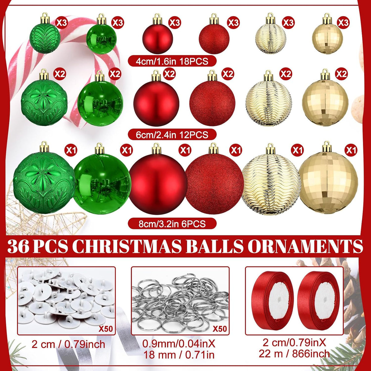 Relaxgiant - 36 bolas de Navidad para techo, rojo, verde, dorado |...