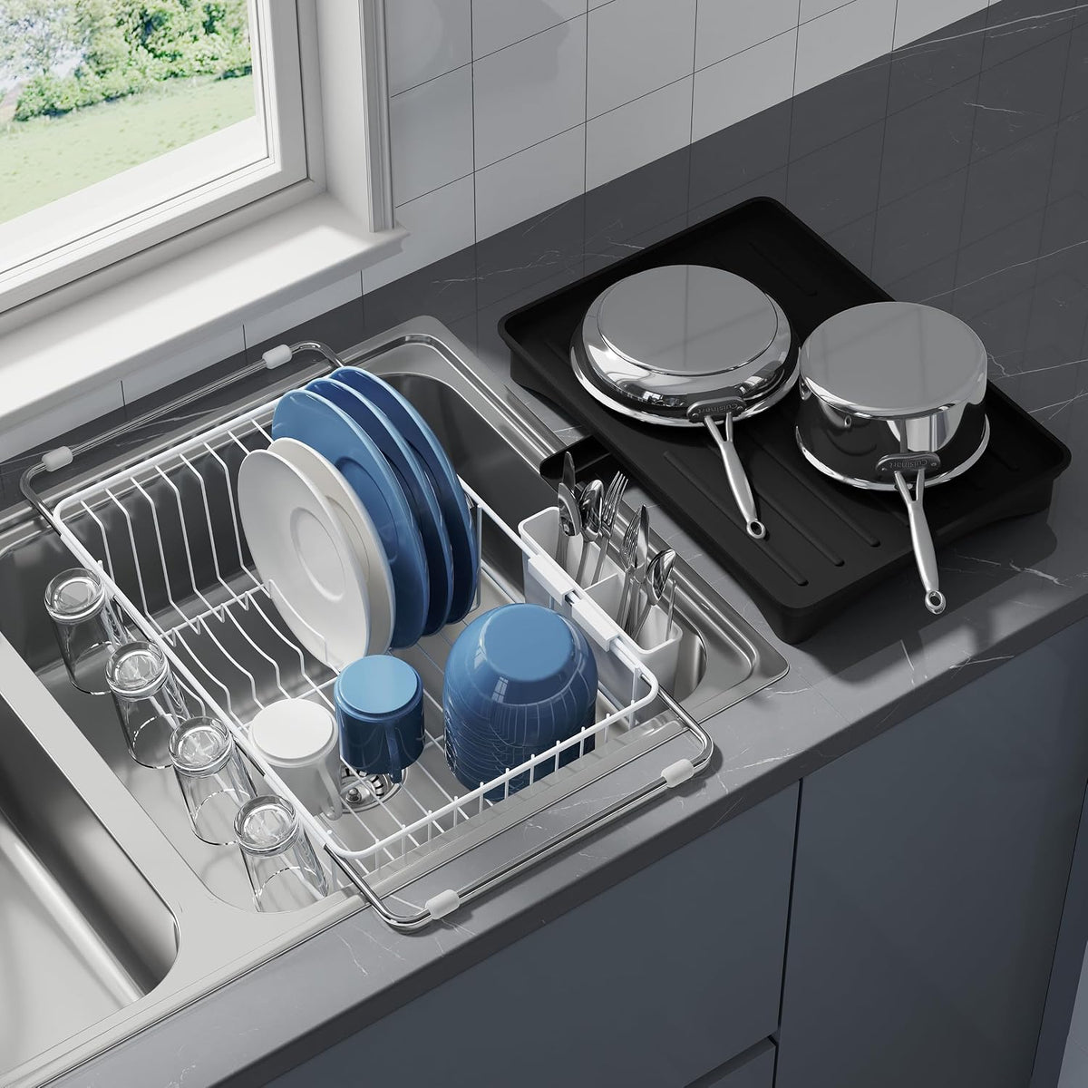 JASIWAY Escurridor de platos blanco en fregadero con escurridor y s...