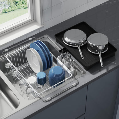 JASIWAY Escurridor de platos blanco en fregadero con escurridor y s...