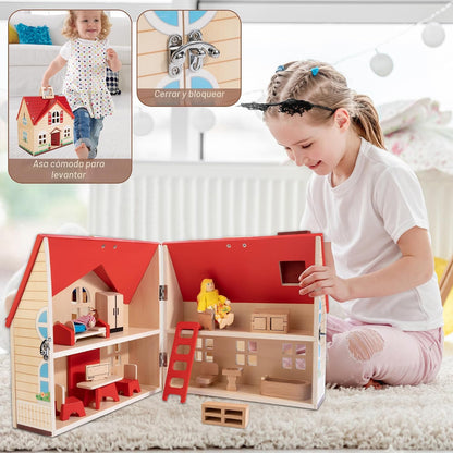 WOODMAM Casa de muñecas plegable de madera con muebles para juegos...