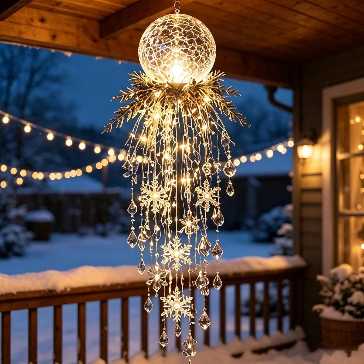 Luz de Navidad en cascada de cristal, copo de nieve colgante y deco...