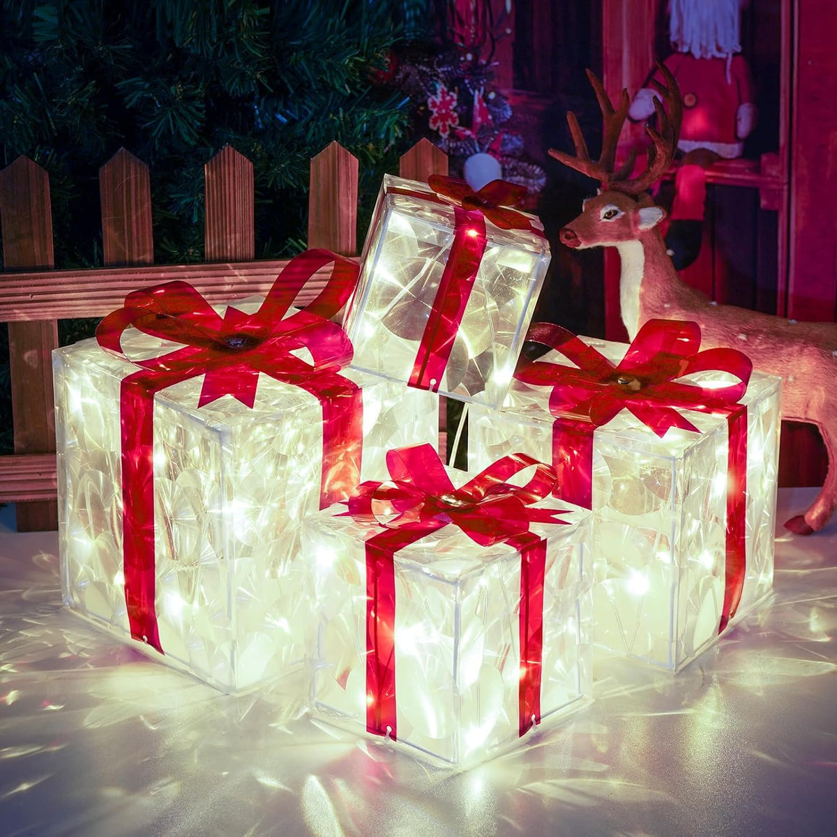Paquete de 4 cajas iluminadas, decoraciones navideñas blancas frías...