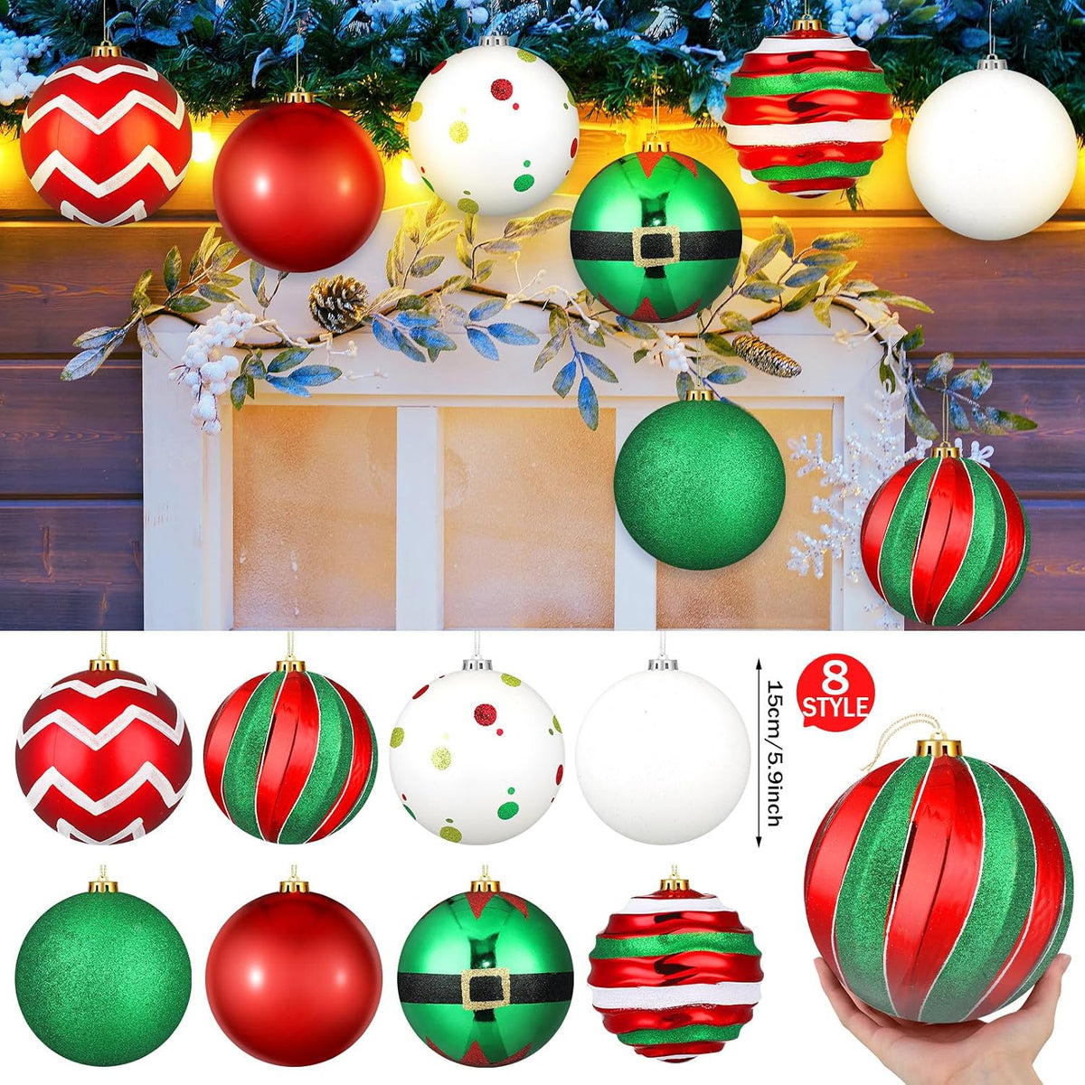 Wettarn Juego de 8 adornos navideños grandes de bolas de 6 pulgadas...
