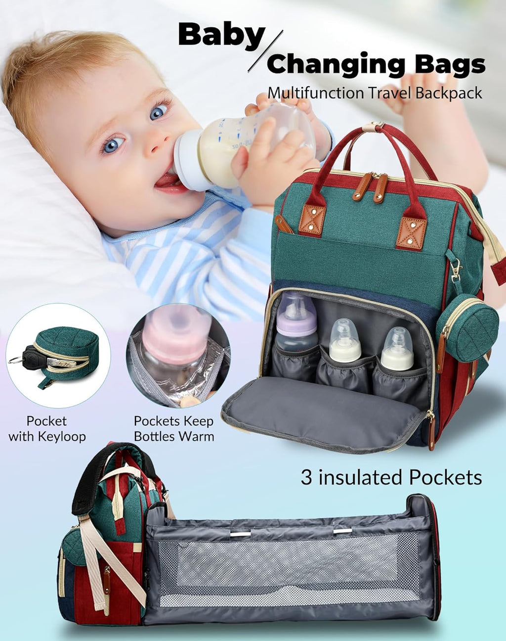 Bolsa de pañales con cambiador, mochila para bebé con cambiador ple...