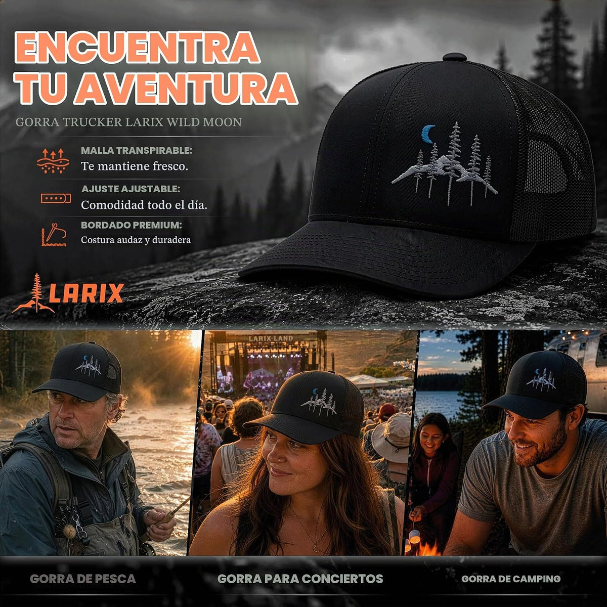 LARIX Trucker Hat Men - Gorra Snapback con parte trasera de malla t...