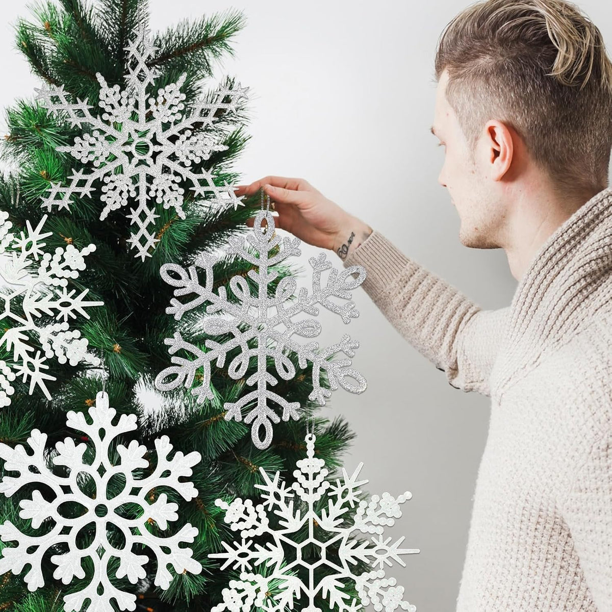 8 copos de nieve grandes de color blanco y plateado, copos de nieve...