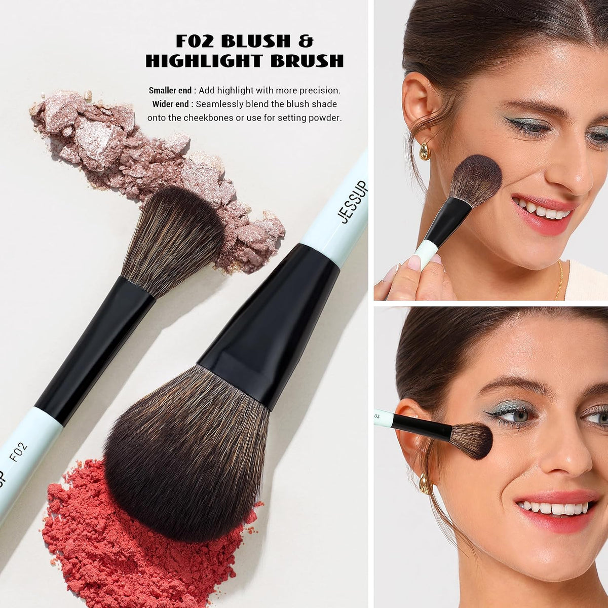 Jessup Cepillos de maquillaje facial azules 3 piezas, cepillo de ma...
