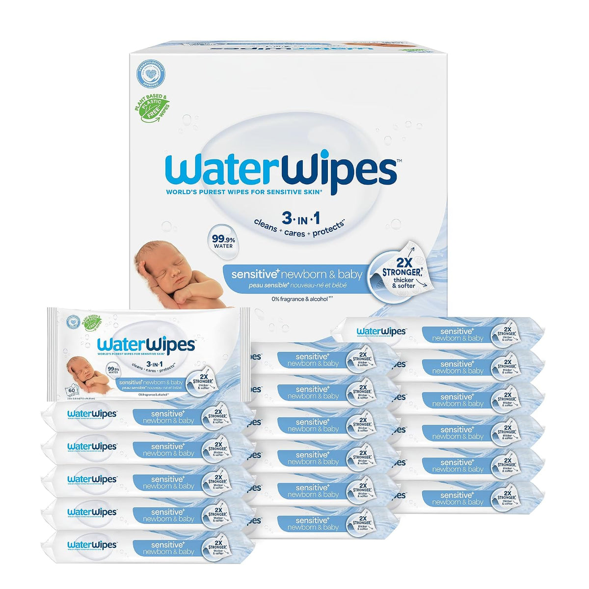 WaterWipes Sensitive+ Toallitas para recién nacidos y bebés, 3 en 1...