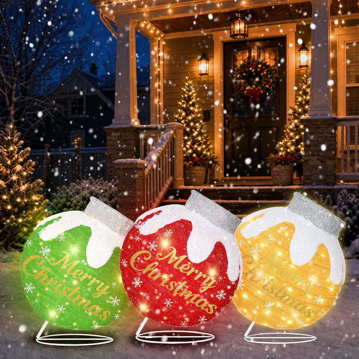 3 adornos navideños para exteriores, bola iluminada emergente con a...