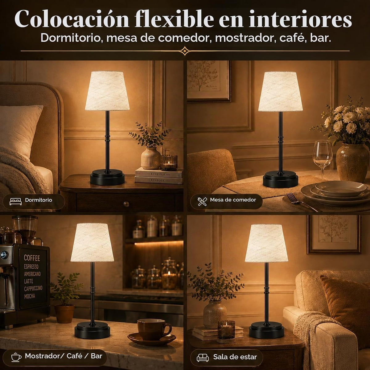 Lámpara de mesa inalámbrica recargable, funciona con pilas, color n...